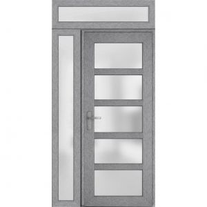 Front Exterior Prehung Metal-Plastic Door Frosted Glass / Manux 8002 Grey Ash / Side and Top Exterior Window / Office Commercial and Residential Doors Entrance Patio Garage-W36+12" x H80+14"-Right-hand Inswing