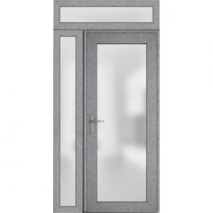Front Exterior Prehung FiberGlass Door Frosted Glass / Manux 8102 Grey Ash / Side and Top Exterior Window / Office Commercial and Residential Doors Entrance Patio Garage-W30+12" x H80+16"-Right-hand Inswing