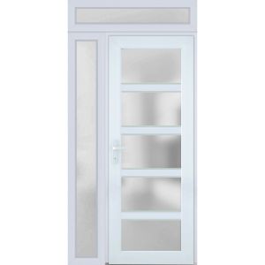 Front Exterior Prehung Metal-Plastic Door Frosted Glass / Manux 8002 White Silk / Side and Top Exterior Window / Office Commercial and Residential Doors Entrance Patio Garage-W36+12" x H80+14"-Right-hand Inswing