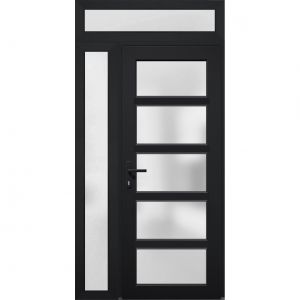 Front Exterior Prehung FiberGlass Door Frosted Glass / Manux 8002 Matte Black / Side and Top Exterior Window / Office Commercial and Residential Doors Entrance Patio Garage-W36+12" x H80+14"-Right-hand Inswing