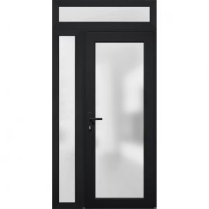 Front Exterior Prehung Metal-Plastic Door Frosted Glass / Manux 8102 Matte Black / Side and Top Exterior Window / Office Commercial and Residential Doors Entrance Patio Garage-W30+12" x H80+16"-Right-hand Inswing