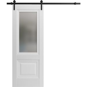 Sturdy Barn Door | Lucia 8822 White Silk with Frosted Glass | 6.6FT Rail Hangers Heavy Hardware Set | Solid Panel Interior Doors