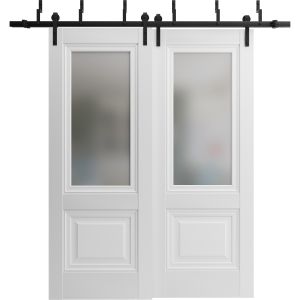Sliding Closet Barn Bypass Doors | Lucia 8822 White Silk with Frosted Glass | Sturdy 6.6ft Rails Hardware Set | Wood Solid Bedroom Wardrobe Doors 
