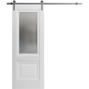 Sturdy Barn Door | Lucia 8822 White Silk with Frosted Glass | Silver 6.6FT Rail Hangers Heavy Hardware Set | Solid Panel Interior Doors