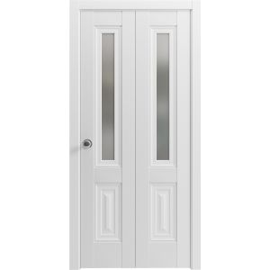 Sliding Closet Bi-fold Doors | Lucia 8822 White Silk with Frosted Glass | Sturdy Tracks Moldings Trims Hardware Set | Wood Solid Bedroom Wardrobe Doors 
