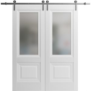 Sturdy Double Barn Door with | Lucia 8822 White Silk with Frosted Glass | Silver 13FT Rail Hangers Heavy Set | Solid Panel Interior Doors