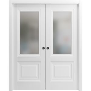 Sliding French Double Pocket Doors | Lucia 8822 White Silk with Frosted Glass | Kit Trims Rail Hardware | Solid Wood Interior Bedroom Sturdy Doors