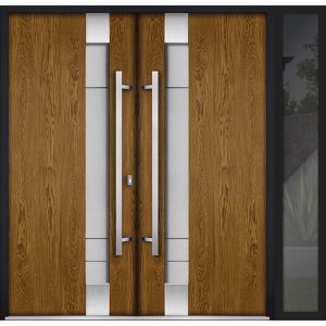 Front Exterior Prehung Steel Double Doors / Deux 1713 Natural Oak / Sidelight Light Window / Stainless Inserts Single Modern Painted