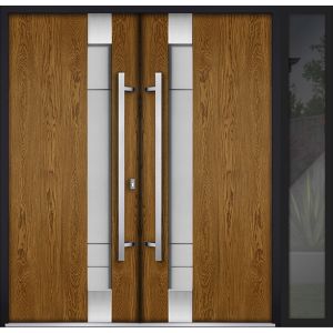 Front Exterior Prehung Steel Double Doors / Deux 1713 Natural Oak / Black Sidelight Exterior Window / Stainless Inserts Single Modern Painted-W72+12" x H80"