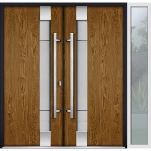 Front Exterior Prehung Steel Double Doors / Deux 1713 Natural Oak / White Sidelight Exterior Window / Stainless Inserts Double Modern Painted-Left Hand-W72+12" x H80"
