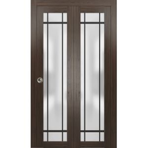 Sliding Closet Bi-fold Doors | Planum 2112 Chocolate Ash with Frosted Glass | Sturdy Tracks Moldings Trims Hardware Set | Wood Solid Bedroom Wardrobe Doors 