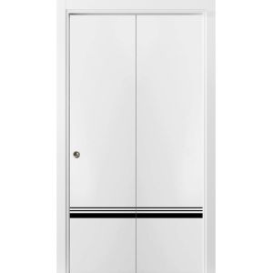 Sliding Closet Bi-fold Doors | Planum 0012 White Silk and Aluminum Strips | Sturdy Tracks Moldings Trims Hardware Set | Wood Solid Bedroom Wardrobe Doors