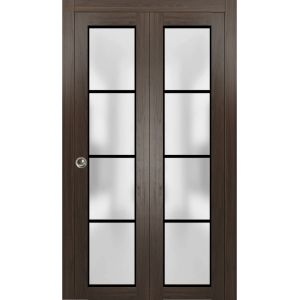 Sliding Closet Bi-fold Doors | Planum 2132 Chocolate Ash with Frosted Glass | Sturdy Tracks Moldings Trims Hardware Set | Wood Solid Bedroom Wardrobe Doors 