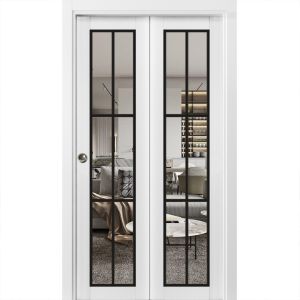 Sliding Closet Bi-fold Doors | Lucia 2366 White Silk with Clear Glass | Sturdy Tracks Moldings Trims Hardware Set | Wood Solid Bedroom Wardrobe Doors 
