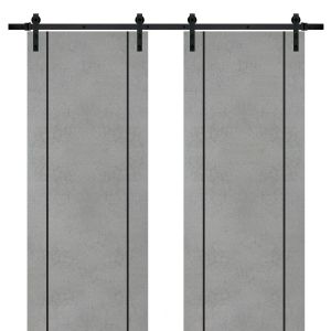 Sliding Double Barn Doors with Hardware | Planum 0017 Concrete and Aluminum Strips | 13FT Rail Hangers Sturdy Set | Modern Solid Panel Interior Hall Bedroom Bathroom Door-36" x 80" (2* 18x80)