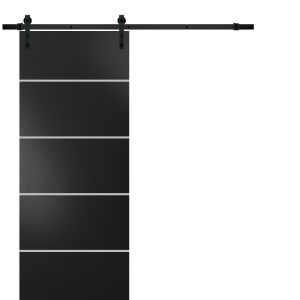 Sturdy Barn Door with Hardware | Planum 0210 Black Matte and Aluminum Strips | 6.6FT Rail Hangers Heavy Set | Modern Solid Panel Interior Doors