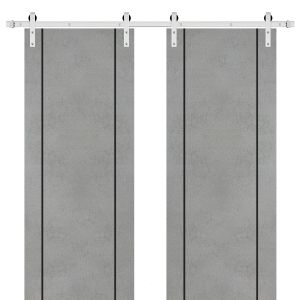 Sliding Double Barn Doors with Hardware | Planum 0017 Concrete and Aluminum Strips | 13FT Rail Hangers Sturdy Set | Modern Solid Panel Interior Hall Bedroom Bathroom Door-36" x 80" (2* 18x80)