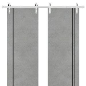 Sliding Double Barn Doors with Hardware | Planum 0016 Concrete | Silver 13FT Rail Hangers Sturdy Set | Modern Solid Panel Interior Hall Bedroom Bathroom Door
