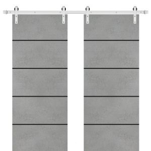 Sliding Double Barn Doors with Hardware | Planum 0015 Concrete | Silver 13FT Rail Hangers Sturdy Set | Modern Solid Panel Interior Hall Bedroom Bathroom Door