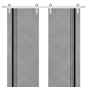 Sliding Double Barn Doors with Hardware | Planum 0011 Concrete | Silver 13FT Rail Hangers Sturdy Set | Modern Solid Panel Interior Hall Bedroom Bathroom Door