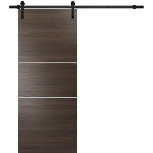 Sturdy Barn Door with Hardware | Planum 0110 Chocolate Ash and Aluminum Strips | 6.6FT Rail Hangers Heavy Set | Modern Solid Panel Interior Doors