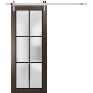 Sturdy Barn Door | Planum 2122 Chocolate Ash with Frosted Glass | 6.6FT Silver Rail Hangers Heavy Hardware Set | Modern Solid Panel Interior Doors