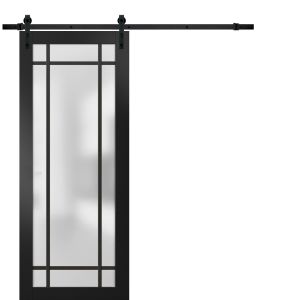 Sturdy Barn Door Frosted Tempered Glass | Planum 2112 Matte Black with Frosted Glass | 6.6FT Black Rail Hangers Heavy Hardware Set | Modern Solid Panel Interior Doors