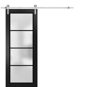 Sturdy Barn Door | Planum 2132 Matte Black with Frosted Glass | 6.6FT Silver Rail Hangers Heavy Hardware Set | Modern Solid Panel Interior Doors