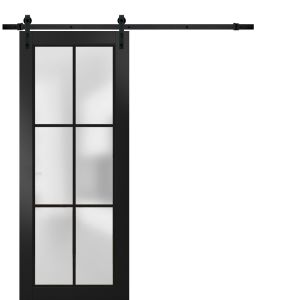 Sturdy Barn Door Frosted Tempered Glass | Planum 2122 Matte Black with Frosted Glass | 6.6FT Black Rail Hangers Heavy Hardware Set | Modern Solid Panel Interior Doors