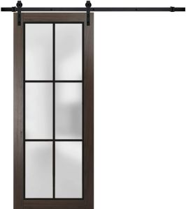 Sturdy Barn Door Frosted Tempered Glass | Planum 2122 Chocolate Ash with Frosted Glass | 6.6FT Black Rail Hangers Heavy Hardware Set | Modern Solid Panel Interior Doors