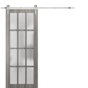 Sturdy Barn Door 12 Lites | Felicia 3312 Ginger Ash with Frosted Glass | 6.6FT Silver Rail Hangers Heavy Hardware Set | Solid Panel Interior Doors