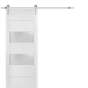 Sturdy Barn Door 2 lites with Hardware | Lucia 4010 White Silk with Frosted Glass | 6.6FT Rail Hangers Heavy Set | Solid Panel Interior Doors