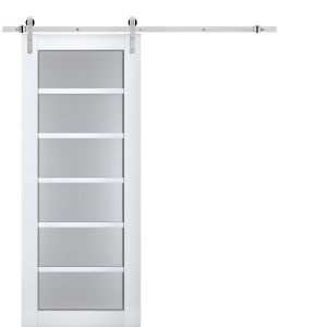 Sturdy Barn Door | Veregio 7602 White Silk with Frosted Glass | 6.6FT Silver Rail Hangers Heavy Hardware Set | Solid Panel Interior Doors