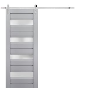 Sturdy Barn Door | Veregio 7455 Matte Grey with Frosted Glass | 6.6FT Silver Rail Hangers Heavy Hardware Set | Solid Panel Interior Doors
