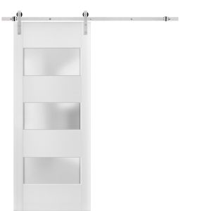 Sturdy Barn Door 3 Lites with Hardware | Lucia 4070 White Silk with Frosted Glass | 6.6FT Rail Hangers Heavy Set | Solid Panel Interior Doors