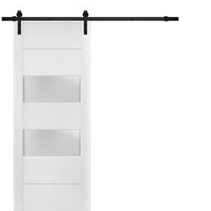 Sturdy Barn Door 2 lites | Lucia 4010 White Silk with Frosted Glass | 6.6FT Rail Hangers Heavy Hardware Set | Solid Panel Interior Doors