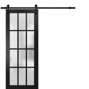 Sturdy Barn Door 12 lites | Felicia 3312 Matte Black with Frosted Glass | 6.6FT Rail Hangers Heavy Hardware Set | Solid Panel Interior Doors