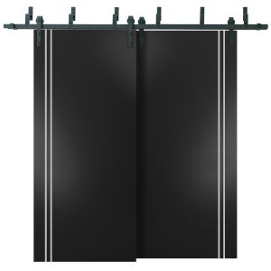 Sliding Closet Barn Bypass Doors with Hardware | Planum 0310 Matte Black and Aluminum Strips | Sturdy 6.6ft Rails Hardware Set | Modern Wood Solid Bedroom Wardrobe Doors
