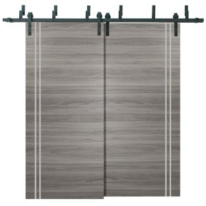 Sliding Closet Barn Bypass Doors | Planum 0310 Ginger Ash and Aluminum Strips | Sturdy Top Mount 6.6ft Rails Hardware Set | Wood Solid Bedroom Wardrobe Doors