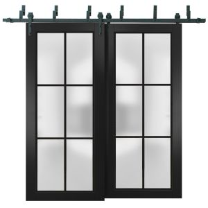 Sliding Closet Barn Bypass Doors with Hardware | Planum 2122 Matte Black with Frosted Glass | Sturdy 6.6ft Rails Hardware Set | Modern Wood Solid Bedroom Wardrobe Doors 
