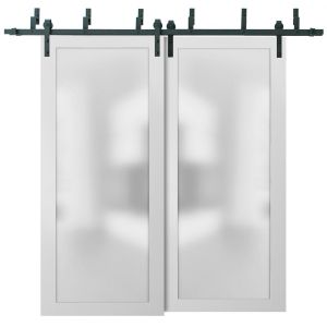 Sliding Closet Barn Bypass Doors with Hardware | Planum 2102 White Silk with Frosted Glass | Sturdy 6.6ft Rails Hardware Set | Modern Wood Solid Bedroom Wardrobe Doors 