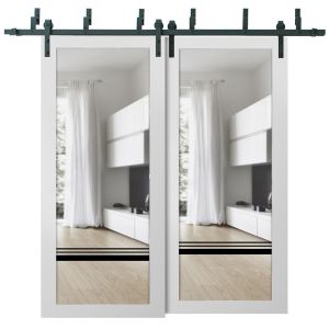 Sliding Closet Barn Bypass Doors | Lucia 2666 White Silk with Clear Glass | Sturdy 6.6ft Rails Hardware Set | Wood Solid Bedroom Wardrobe Doors