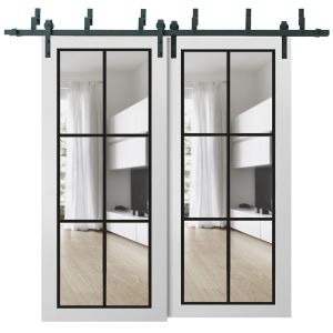 Sliding Closet Barn Bypass Doors | Lucia 2366 White Silk with Clear Glass | Sturdy 6.6ft Rails Hardware Set | Wood Solid Bedroom Wardrobe Doors