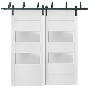 Sliding Closet 2 lites Barn Bypass Doors | Lucia 4010 White Silk with Frosted Glass | Sturdy 6.6ft Rails Hardware Set | Wood Solid Bedroom Wardrobe Doors 