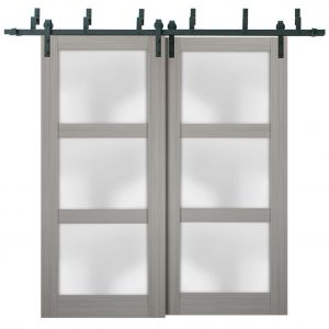 Sliding Closet Barn Bypass Doors | Lucia 2552 Gray Ash with Frosted Glass | Sturdy 6.6ft Rails Hardware Set | Wood Solid Bedroom Wardrobe Doors 