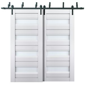 Sliding Closet Barn Bypass Doors | Veregio 7455 White Silk with Frosted Glass | Sturdy 6.6ft Rails Hardware Set | Wood Solid Bedroom Wardrobe Doors 