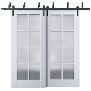 Sliding Closet Barn Bypass Doors | Veregio 7412 White Silk with Frosted Glass | Sturdy 6.6ft Rails Hardware Set | Wood Solid Bedroom Wardrobe Doors 