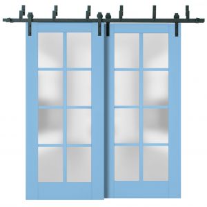 Sliding Closet Barn Bypass Doors | Veregio 7412 Aquamarine with Frosted Glass | Sturdy 6.6ft Rails Hardware Set | Wood Solid Bedroom Wardrobe Doors 
