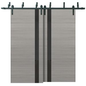 Sliding Closet Barn Bypass Doors | Planum 0040 Grey Oak with Black Glass | Sturdy 6.6ft Rails Hardware Set | Wood Solid Bedroom Wardrobe Doors 