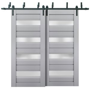Sliding Closet Barn Bypass Doors | Veregio 7455 Matte Grey with Frosted Glass | Sturdy 6.6ft Rails Hardware Set | Wood Solid Bedroom Wardrobe Doors 